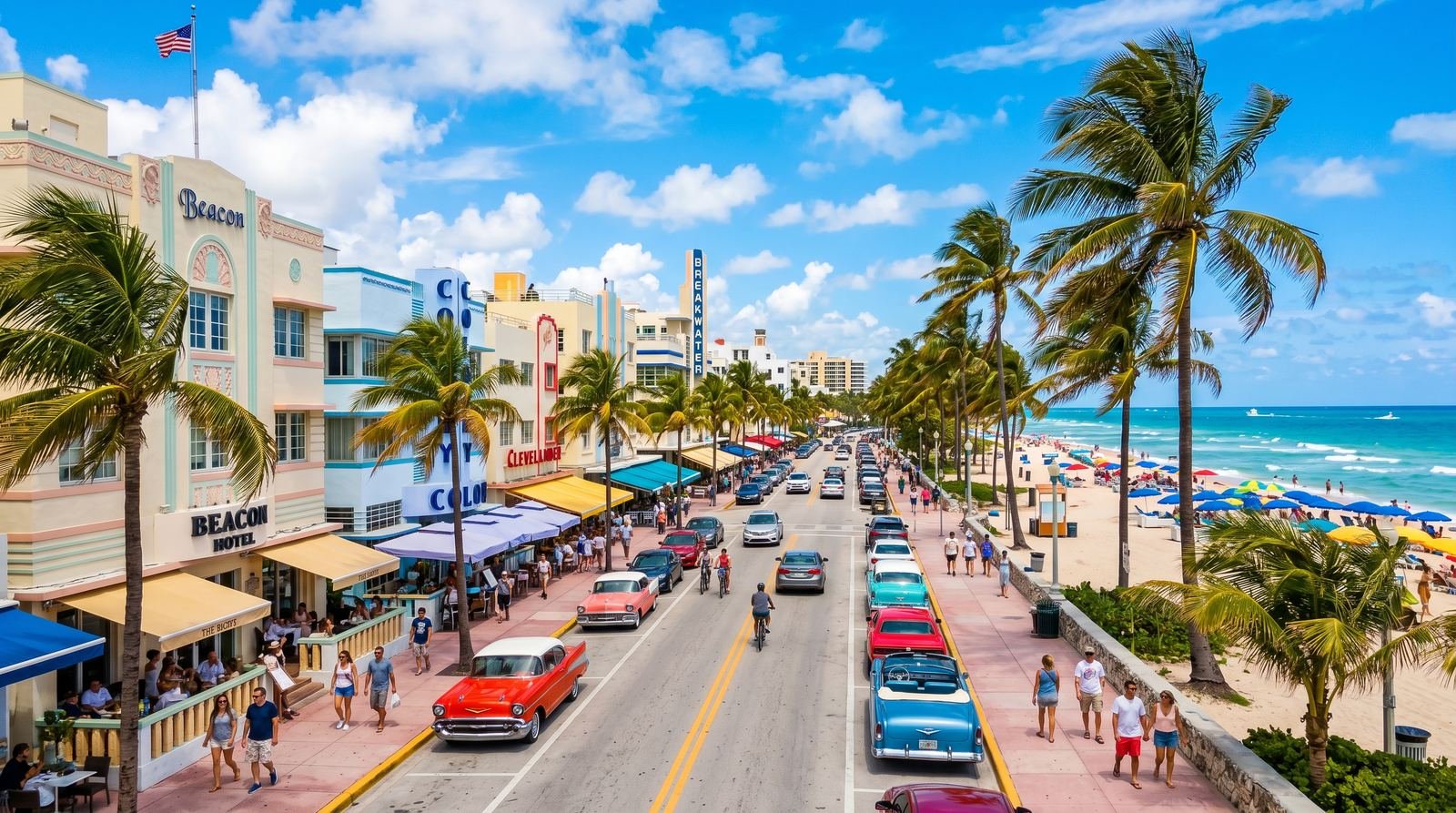 Ocean Drive in Miami Beach with pastel Art Deco buildings, palm trees, and the turquoise ocean