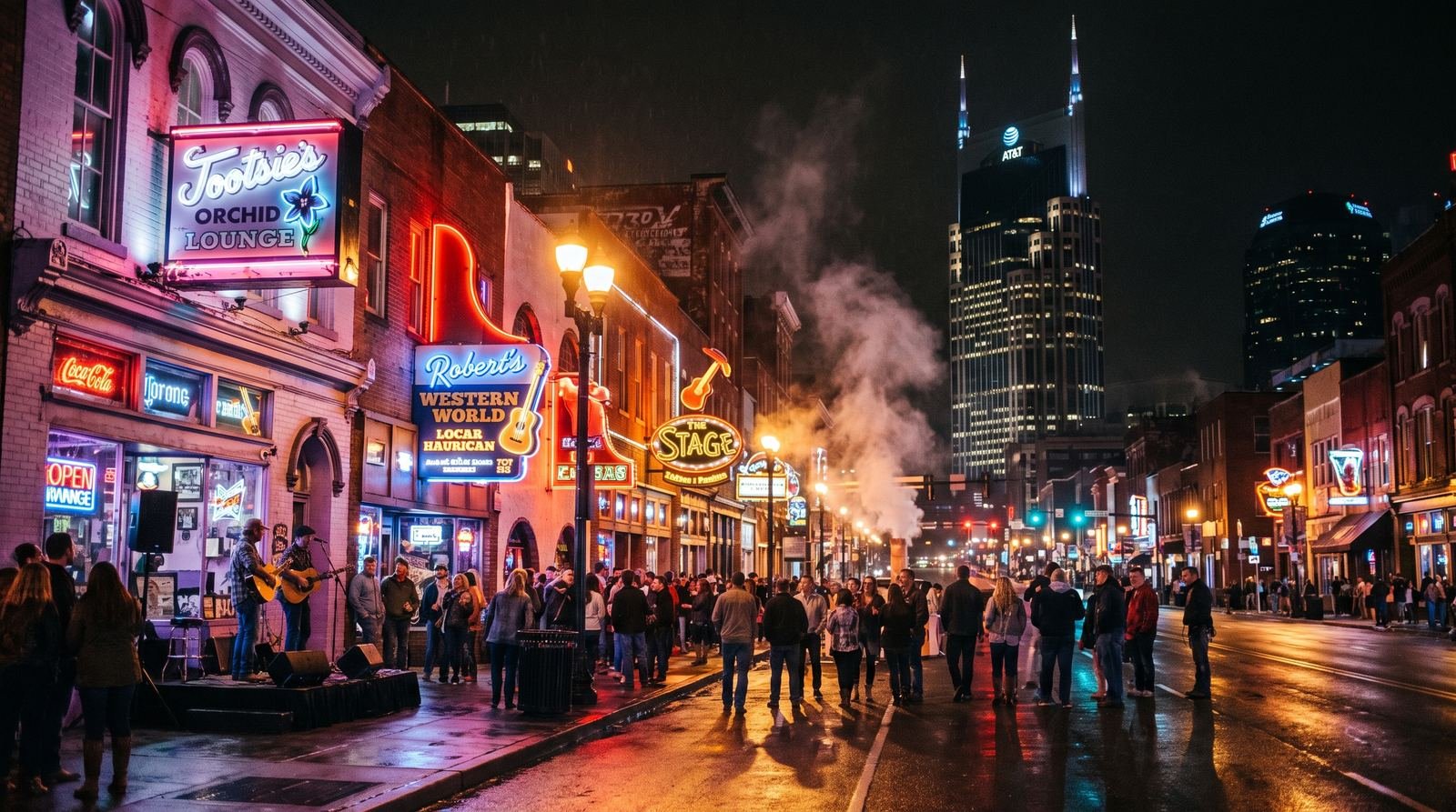 Broadway in Nashville at night