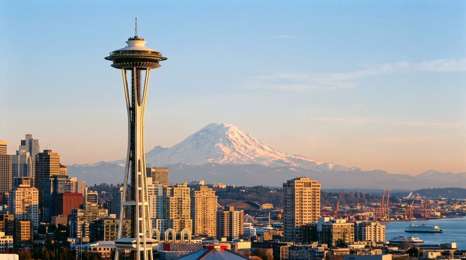 Space Needle in Seattle with Mount Rainier
