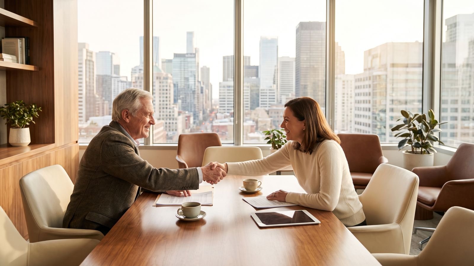 Farber.Inc senior business consultant and client shaking hands in a warm professional setting.
